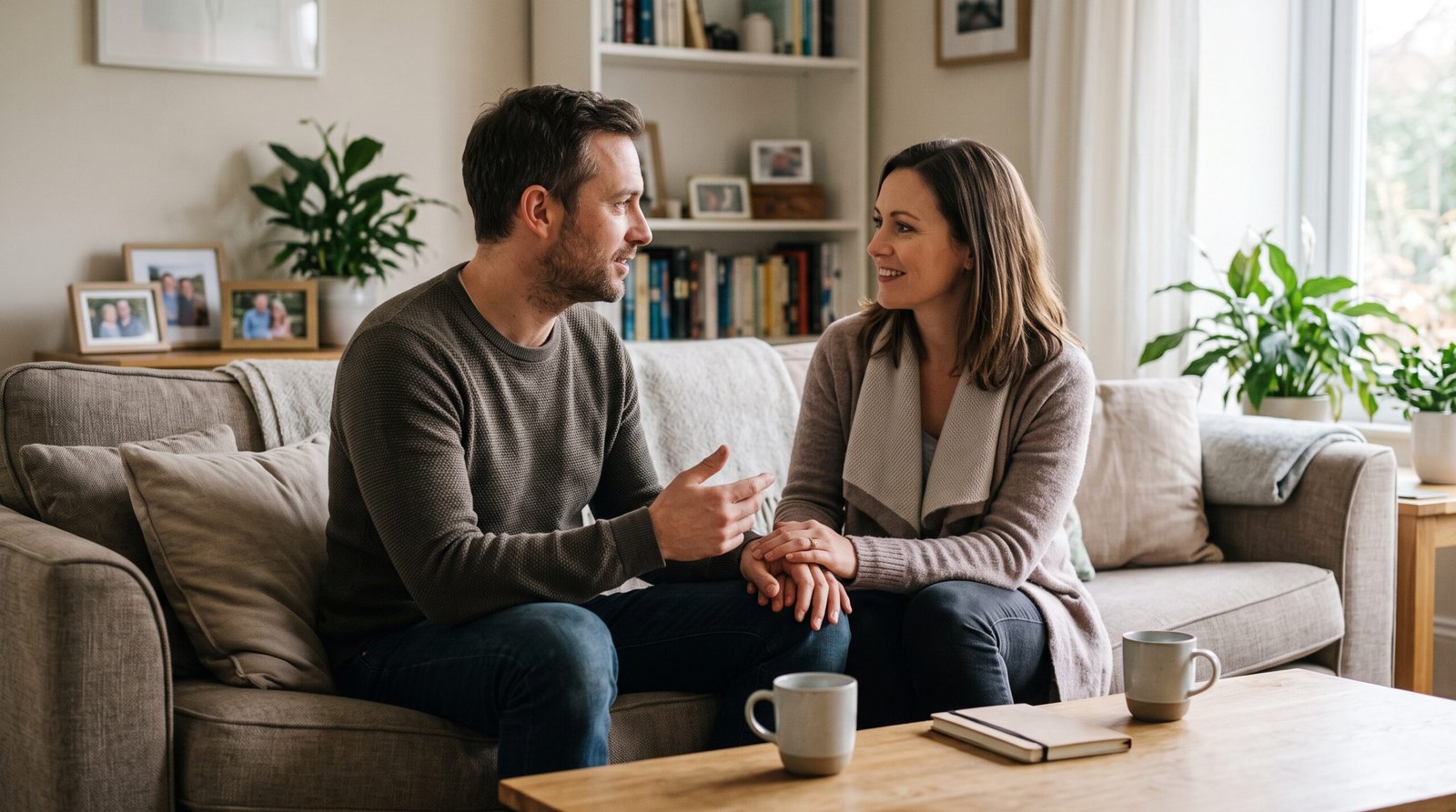 A man and woman sitting on a living room sofa having an intimate conversation, showcasing relationship advice for couples and marriage.