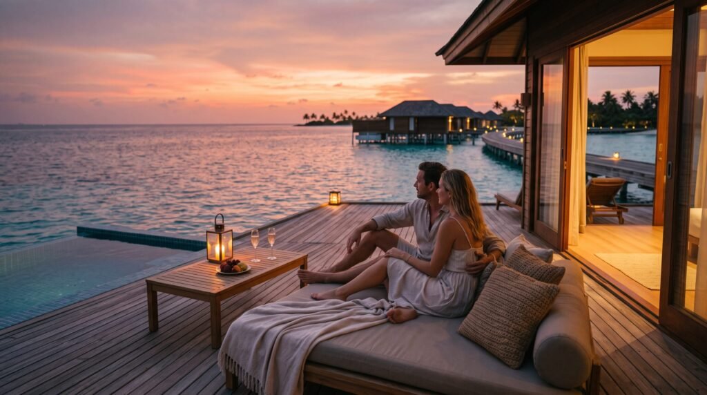 A woman taking a calm moment to plan a trip at a wooden counter next to a large window, dreaming about romantic honeymoon and anniversary getaway destinations.
