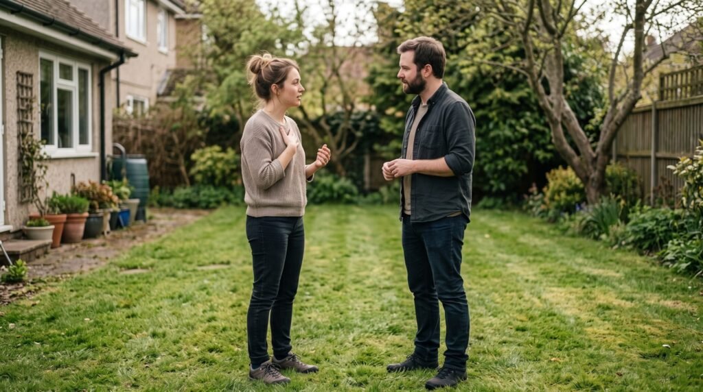 A man and woman standing on a green lawn in a suburban backyard having an earnest conversation, focusing on communication in a relationship.